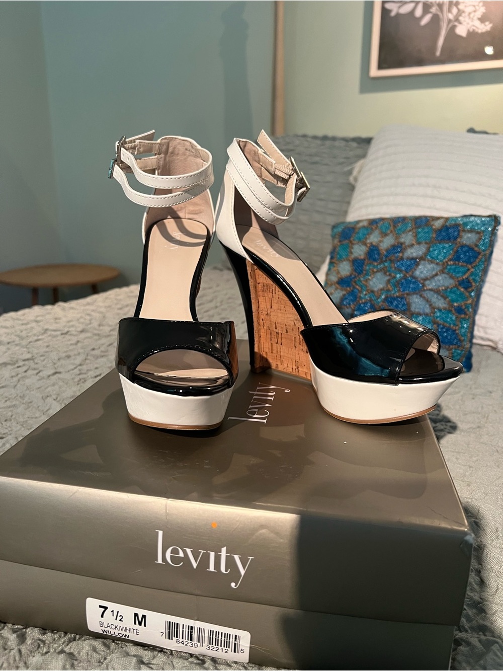 levity Black Patent & White Leather Cork Platform Sandals